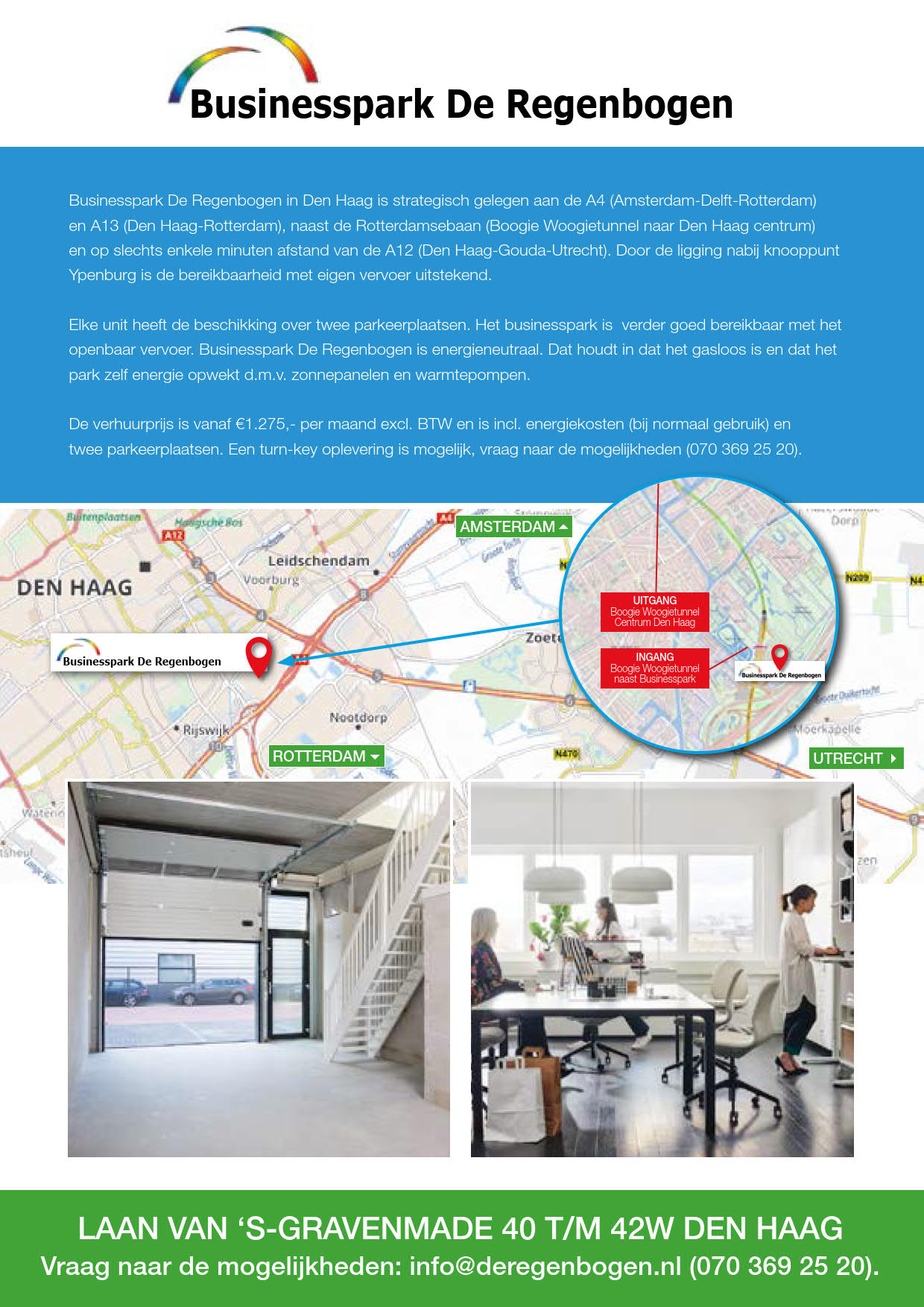 Promotie-afbeelding van Businesspark De Regenbogen in Den Haag met locatiekaart, interieurfoto's en contactgegevens.