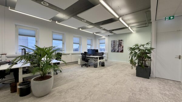 Modern en licht kantoorinterieur aan de Euclideslaan met werkplekken, planten en akoestische plafondpanelen.
