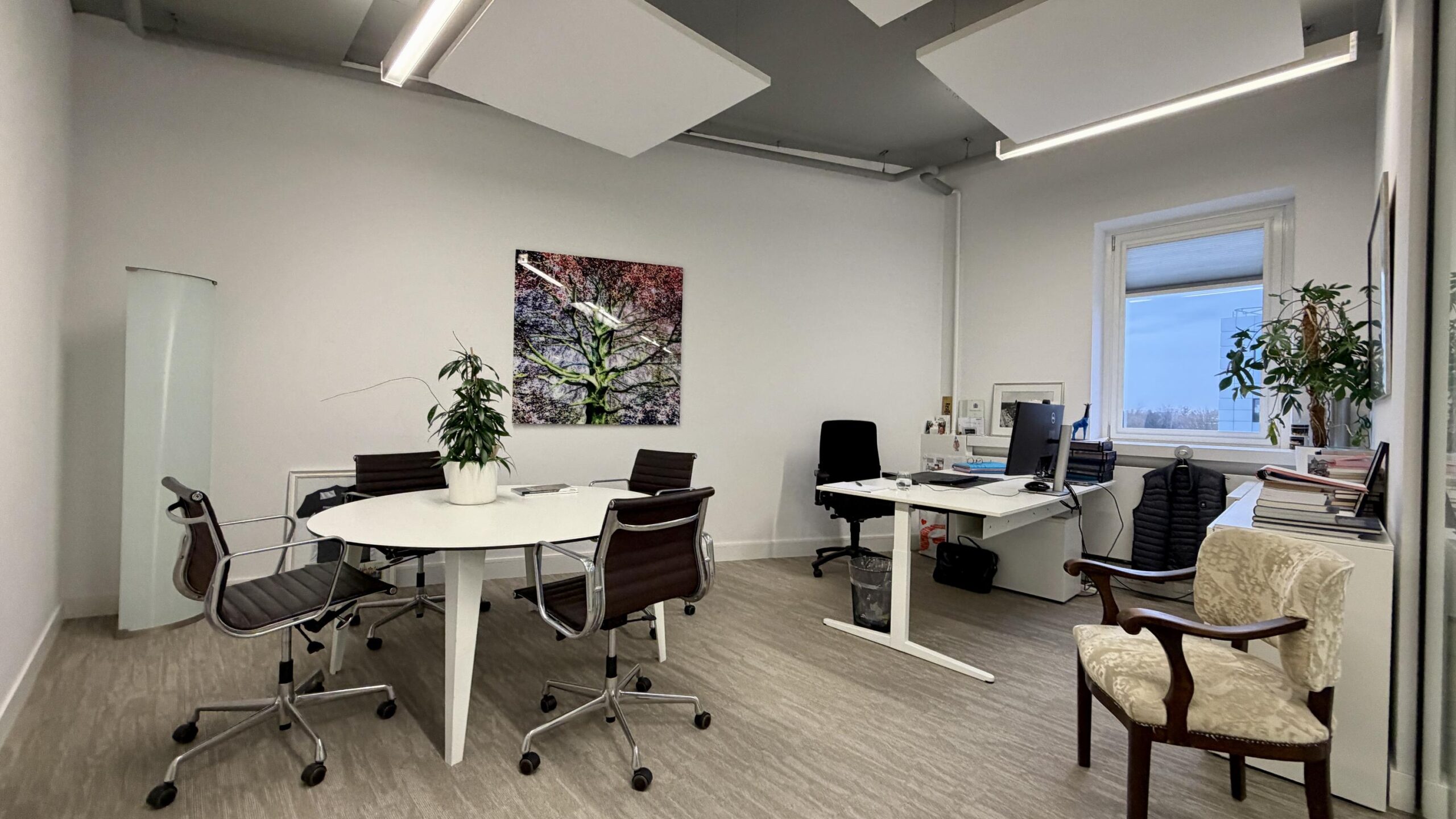 Modern ingerichte kantoorruimte aan de Euclideslaan met vergadertafel, bureaus en groene planten.