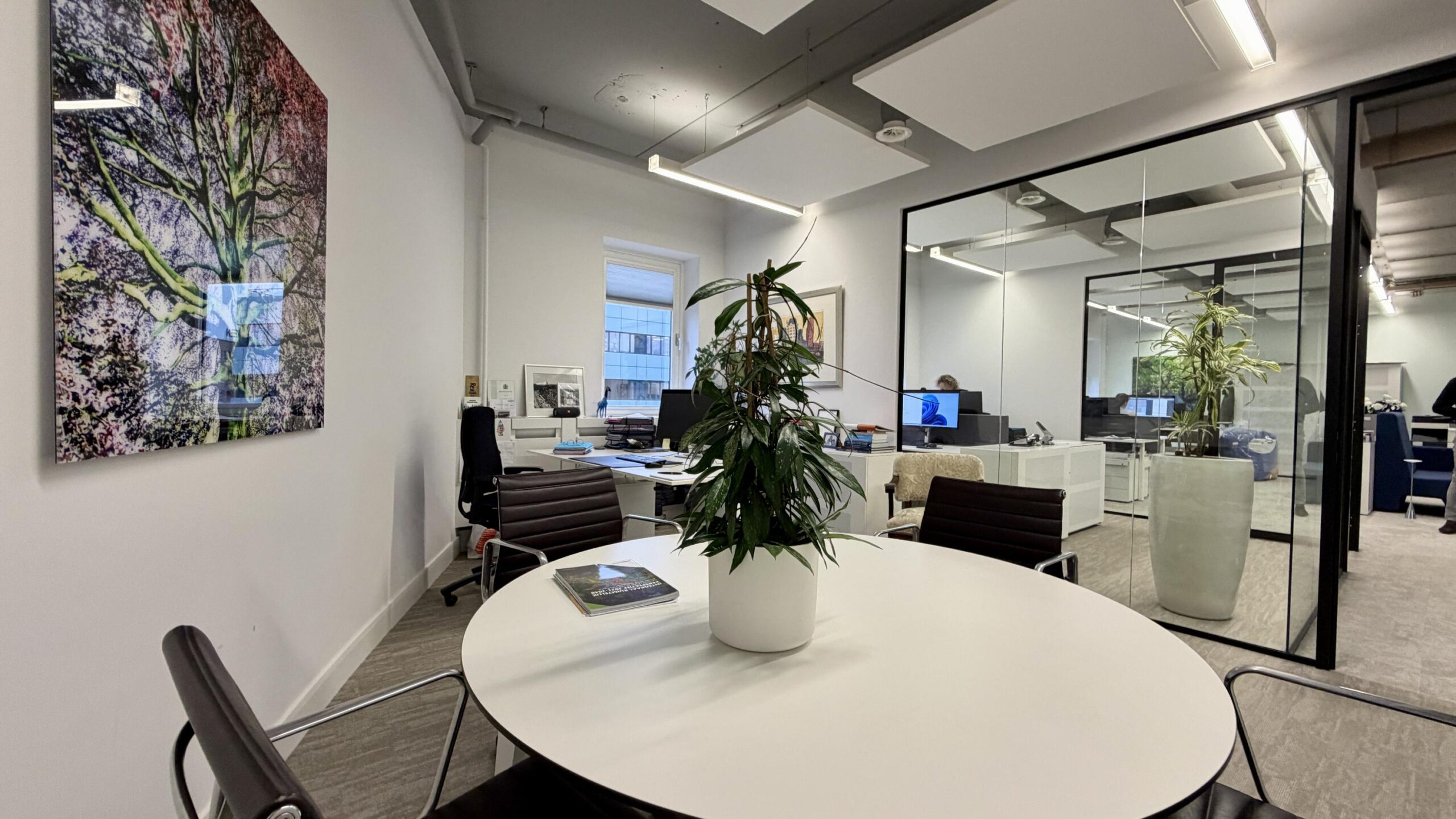 Moderne kantoorruimte aan de Euclideslaan met vergadertafel, bureaus, kamerplanten en glazen wanden.