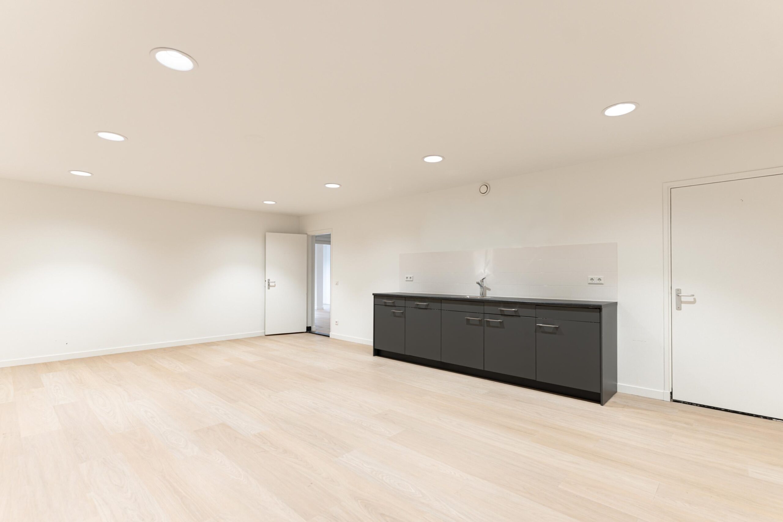 Moderne, licht afgewerkte ruimte op de Biltstraat met een open keuken en houten vloer.