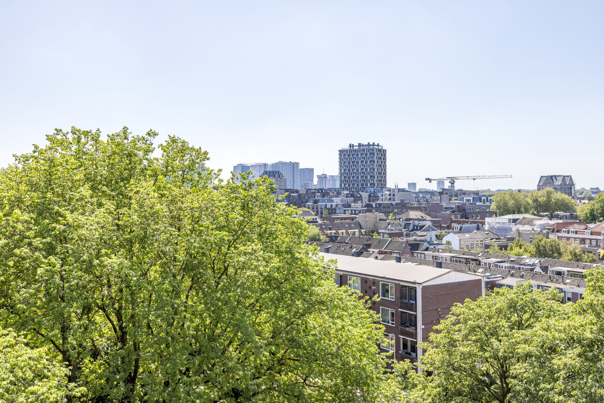 Uitzicht over groene bomen en stadsgebouwen in Utrecht vanaf de Goeman Borgesiuslaan.
