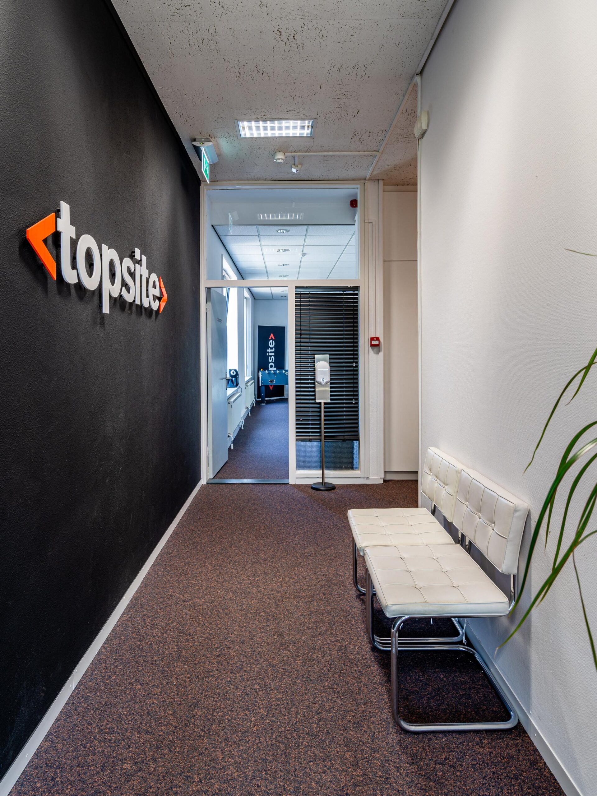 Gang met een zwart muur met het logo "topsite", witte bank en planten in de Nicolaas Pieckstraat.