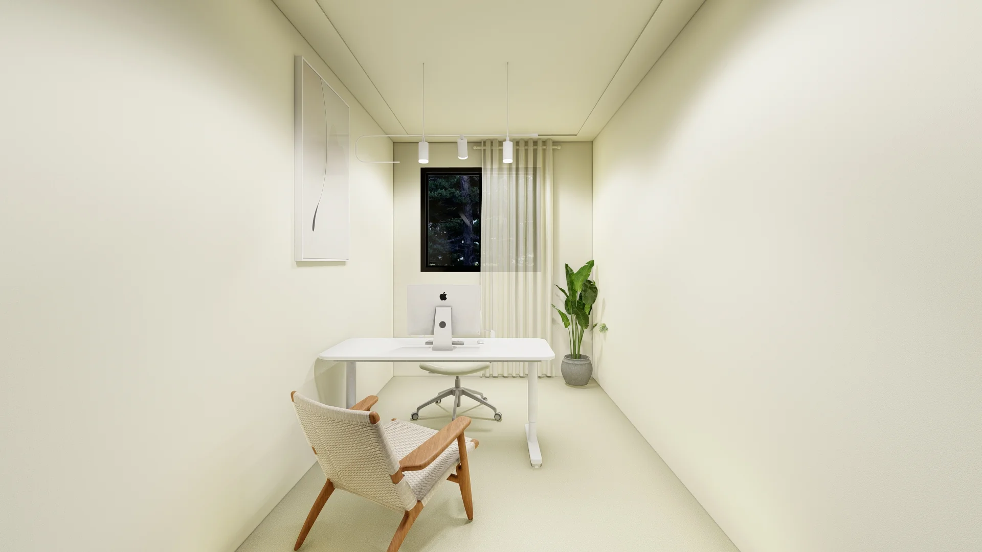 Minimalistisch ingericht kantoor met een bureau, computerscherm, designstoel, plant en raam met gordijn.