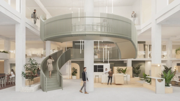 Moderne kantoorentree met mensen, een centrale wenteltrap en open verdiepingen.