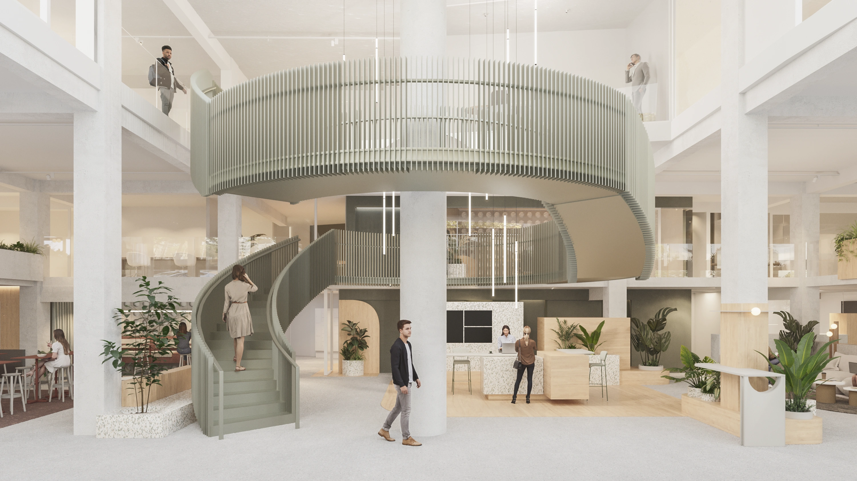 Moderne kantoorentree met mensen, een centrale wenteltrap en open verdiepingen.