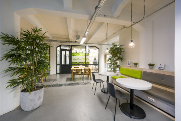 Moderne, open kantoorlounge in HNK Diemen met zitplekken, veel groen en glazen vergaderruimte op de achtergrond.