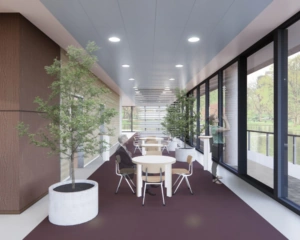 Moderne kantoorruimte aan de Prof. E.M. Meijerslaan 3 in Amstelveen met zitjes, grote ramen en groene planten.