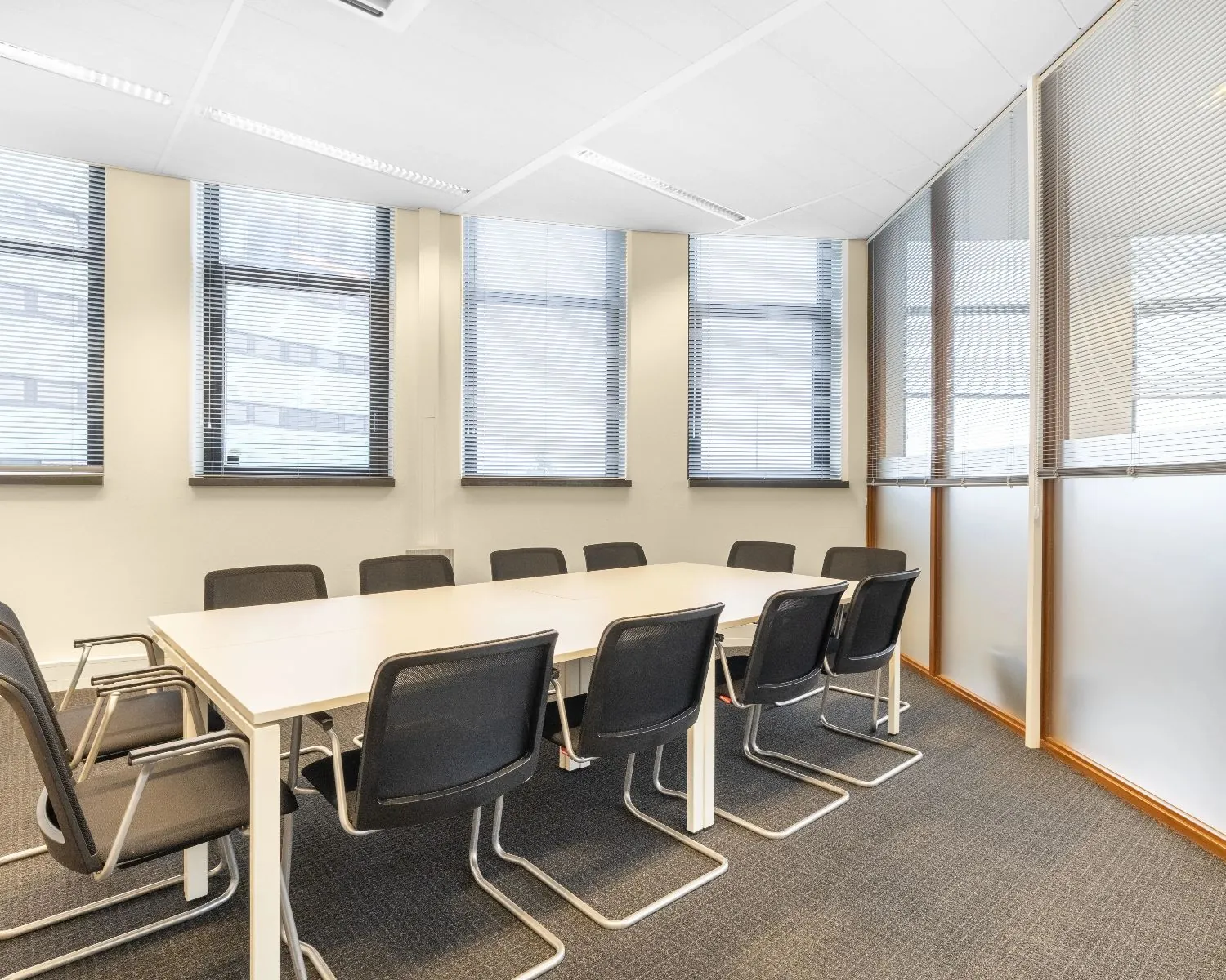 Vergaderruimte met grote ramen en een lange tafel met tien stoelen in kantoorruimte aan de Looskade 20 in Roermond.