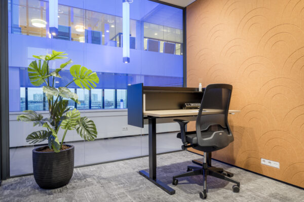 Kleine moderne kantoorruimte met een zwart bureau, ergonomische stoel, kamerplant en oranje wanddecoratie.