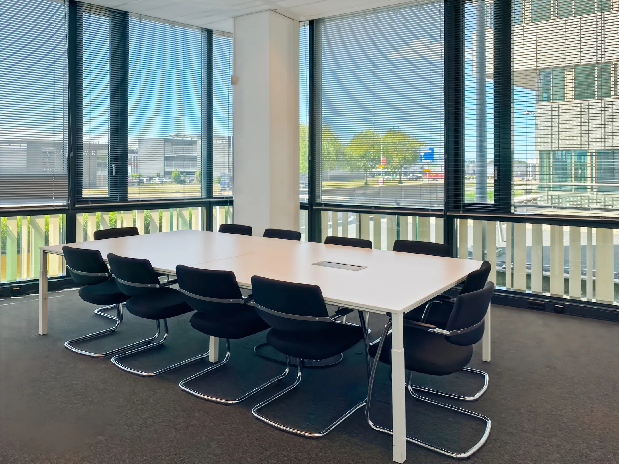 Vergaderruimte met een lange tafel en zwarte stoelen, omringd door grote ramen.