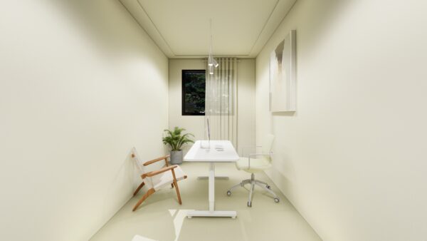 Moderne, minimalistische enkele unit met een bureau, twee stoelen en een raam met uitzicht op groen.