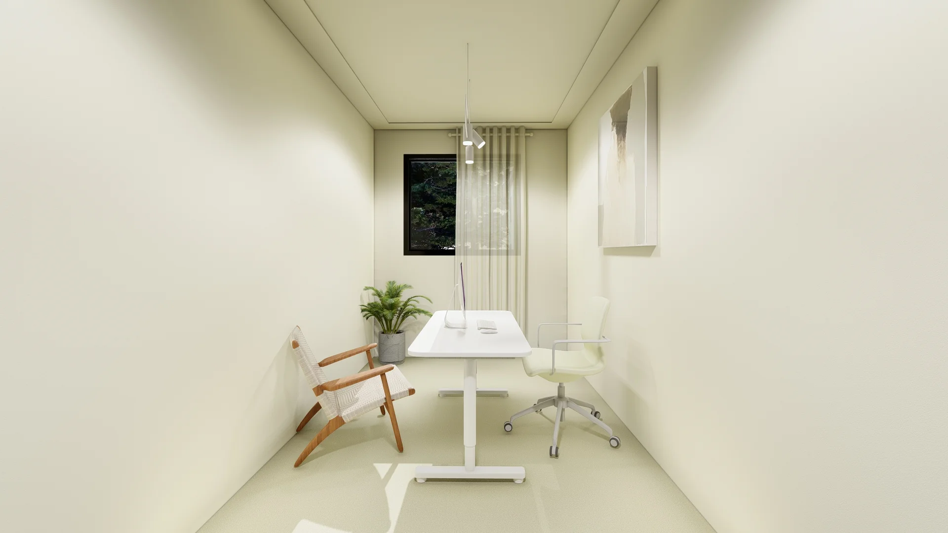 Moderne, minimalistische enkele unit met een bureau, twee stoelen en een raam met uitzicht op groen.