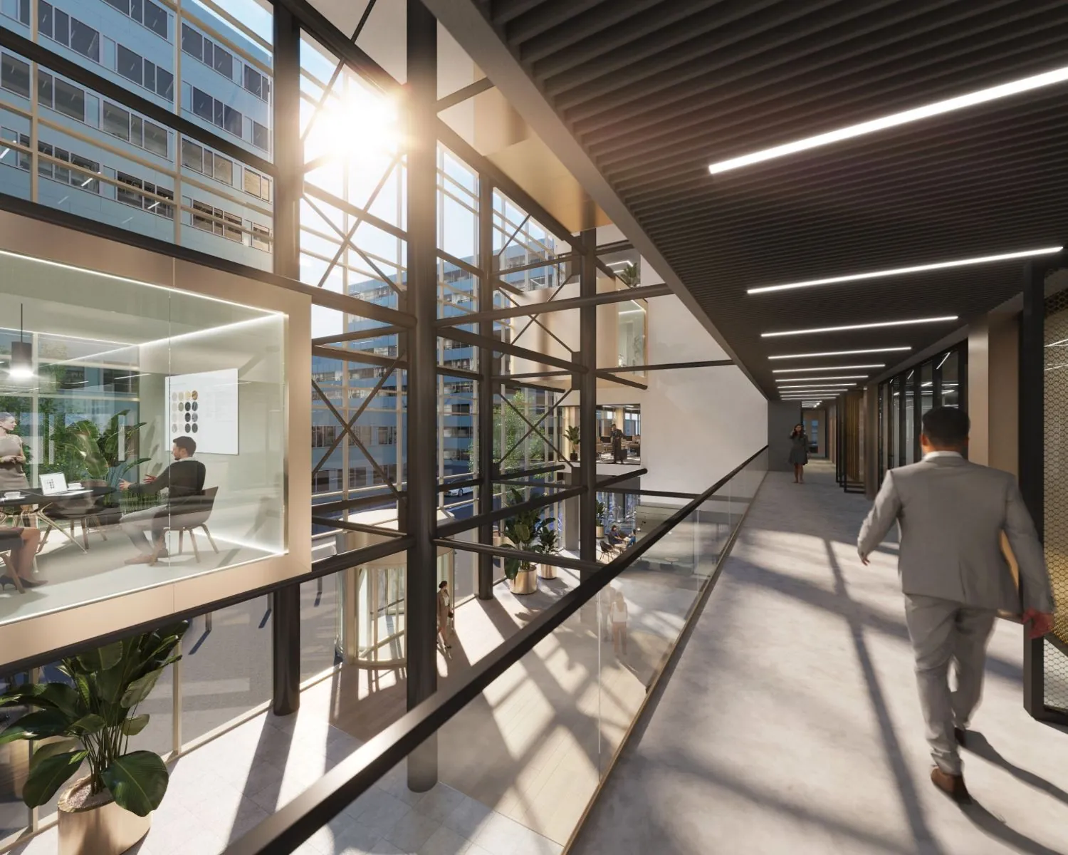 Moderne kantoorruimte met glazen wanden aan de Herikerbergweg 288-290 in Amsterdam, met uitzicht op een lichte gang en omliggende kantoorgebouwen.