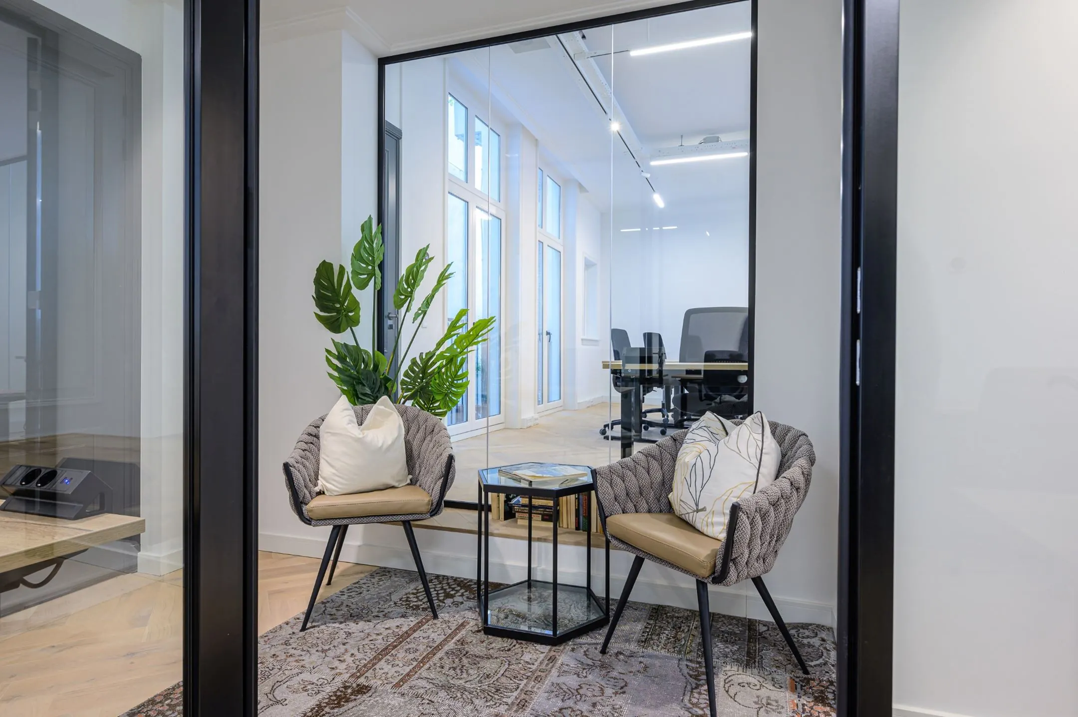 Moderne wachtruimte met twee gestoffeerde stoelen, een glazen bijzettafel en een grote groene plant, met zicht op een vergaderruimte door een glazen wand.