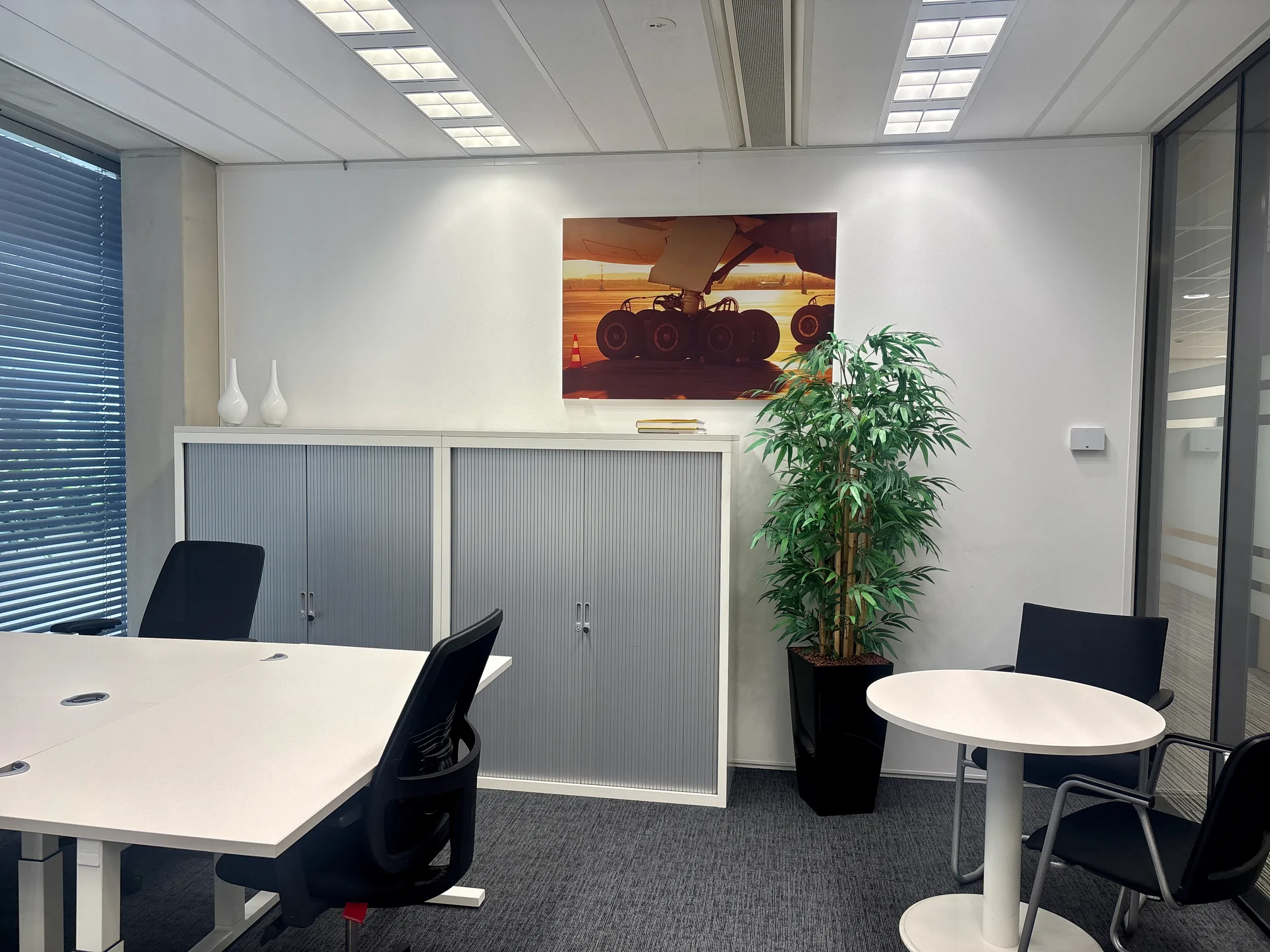 Een moderne kantoorruimte met een tafel en stoelen, een grote plant en een vliegtuigmotief aan de muur.