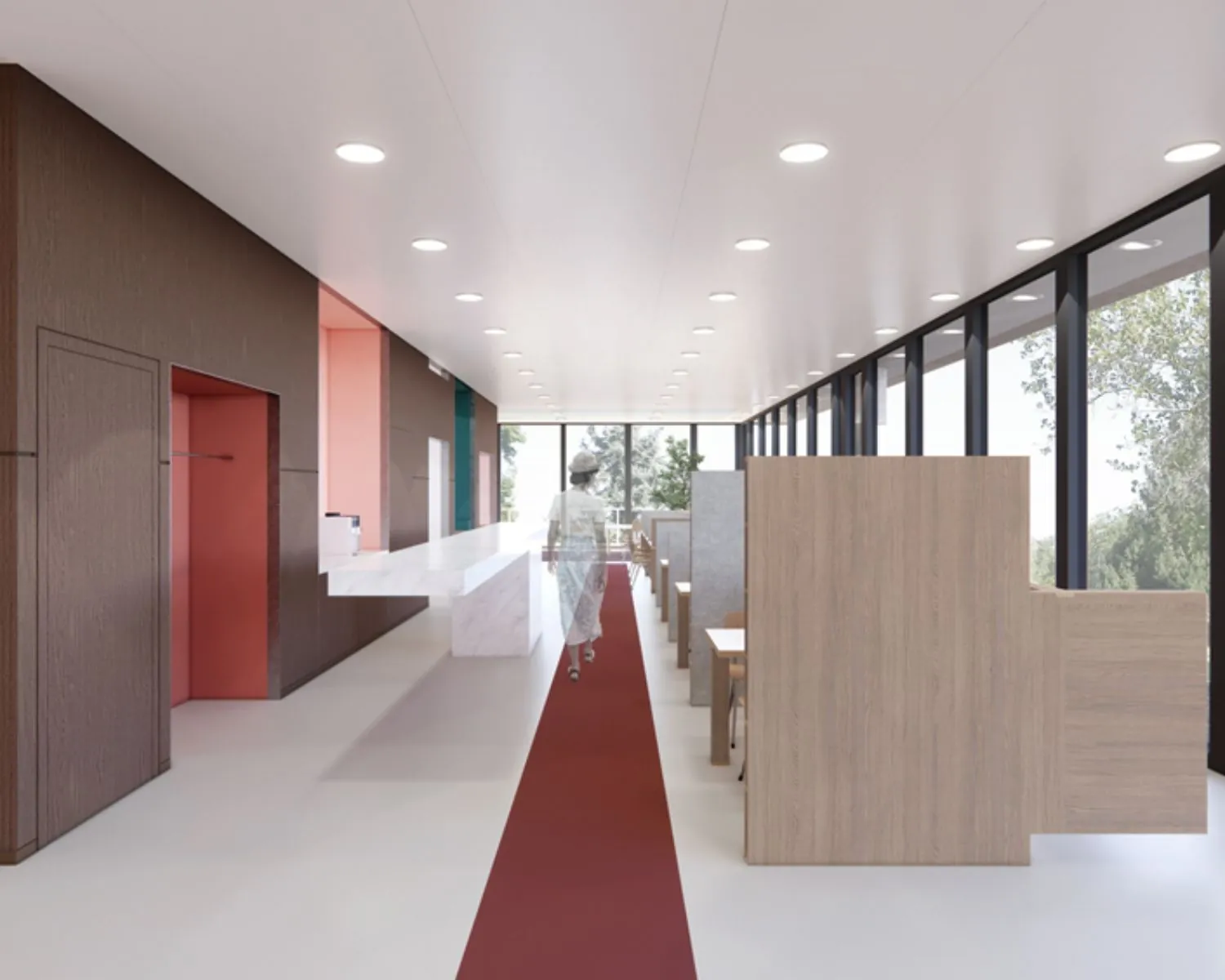 Moderne kantoorruimte aan de Prof. E.M. Meijerslaan 3 in Amstelveen met werkplekken langs grote raampartijen en een receptiebalie.