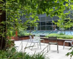 Groene binnentuin met stoelen bij het Coengebouw aan de Kabelweg 37 in Amsterdam.