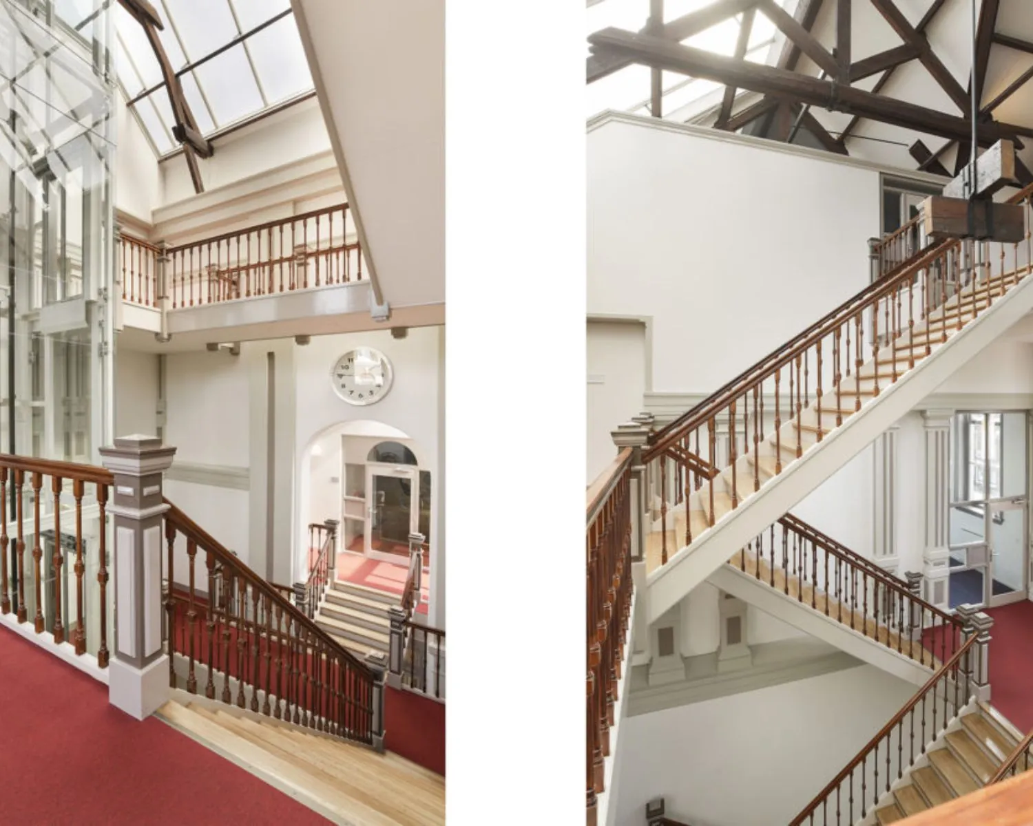 Ruim en licht trappenhuis met houten leuningen en glazen lift in kantoorpand aan de Wilhelminastraat 43A in Haarlem.