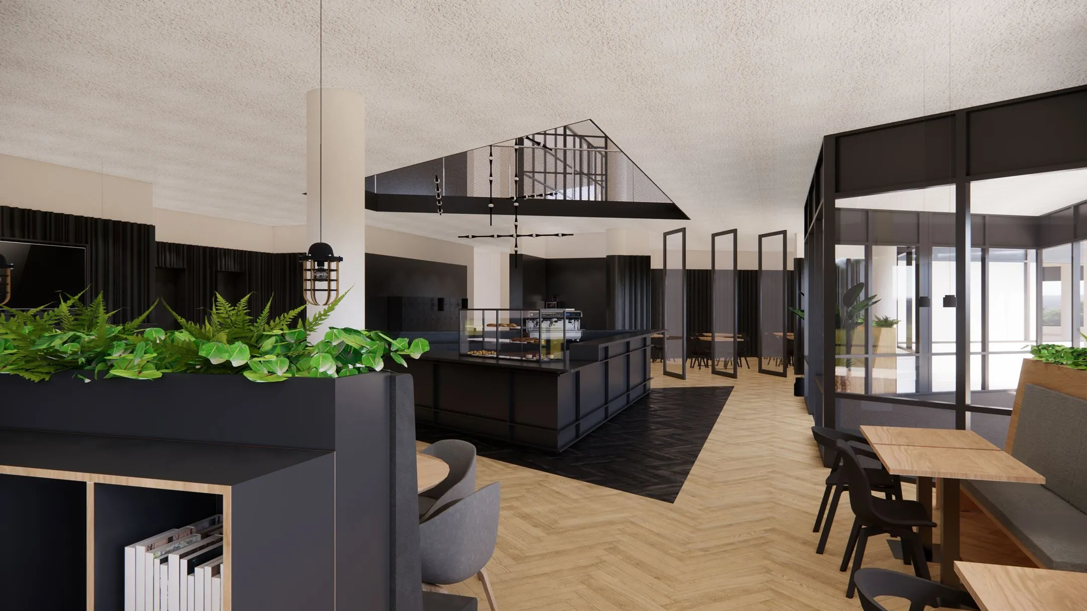 Modern ingericht horecagedeelte in gebouw 5231 DD met zitplaatsen, planten en een centraal koffie-uitgiftepunt.