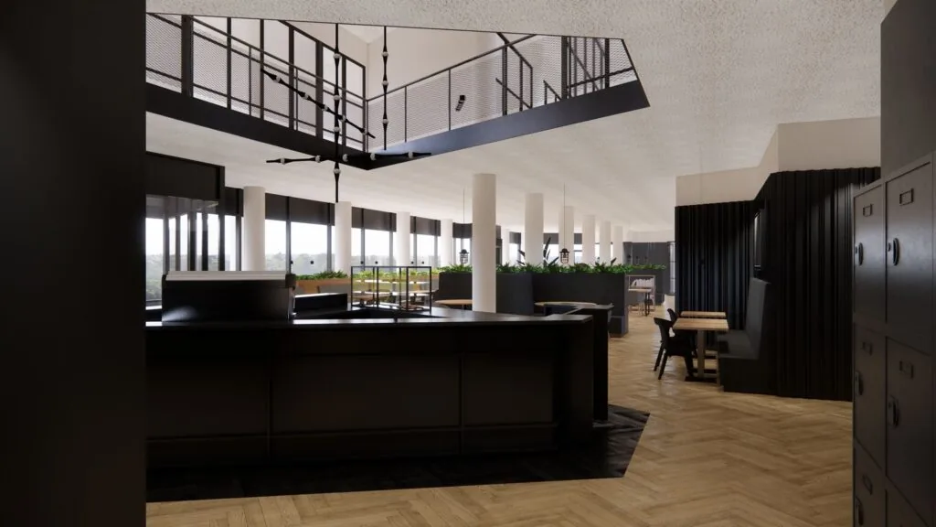 Modern ingerichte kantoorruimte met zwarte meubels, houten vloer en grote raampartijen in gebouw 5231 DD2.