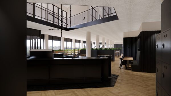 Modern ingerichte kantoorruimte met zwarte meubels, houten vloer en grote raampartijen in gebouw 5231 DD2.