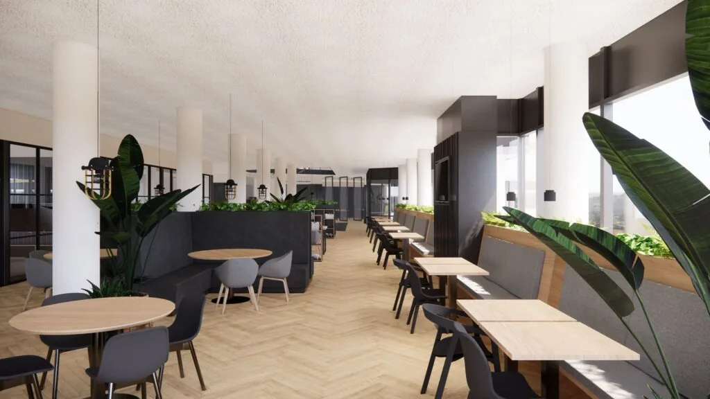 Modern ingerichte horecaruimte 5231 DD3 met houten vloeren, ronde en vierkante tafels, veel planten en grote raampartijen voor natuurlijk licht.