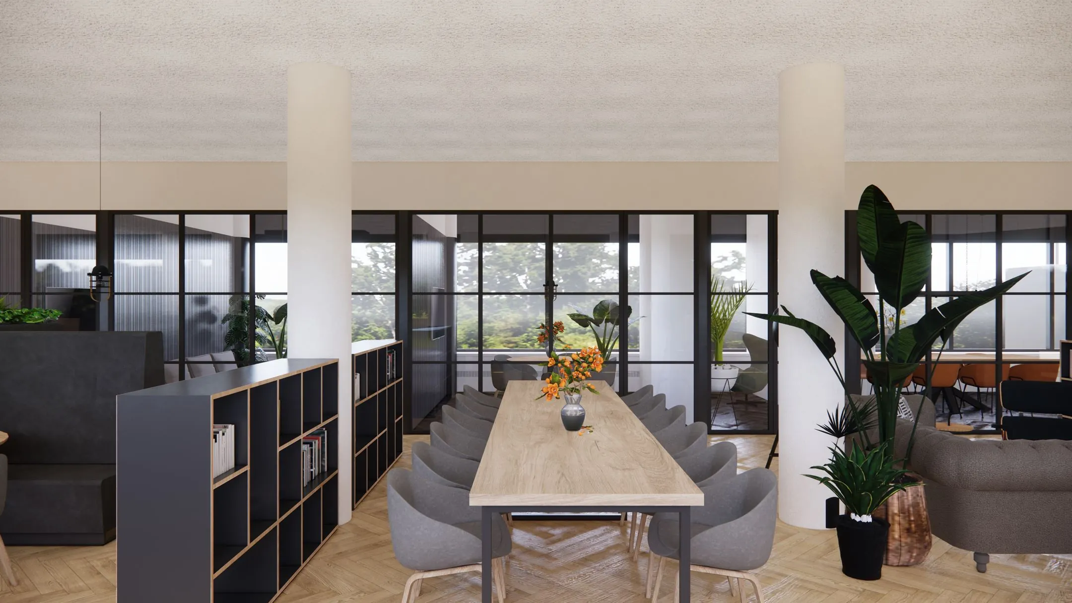 Moderne vergaderruimte in 5231 DD4 met een lange houten tafel, grijze stoelen, planten en glazen wanden.