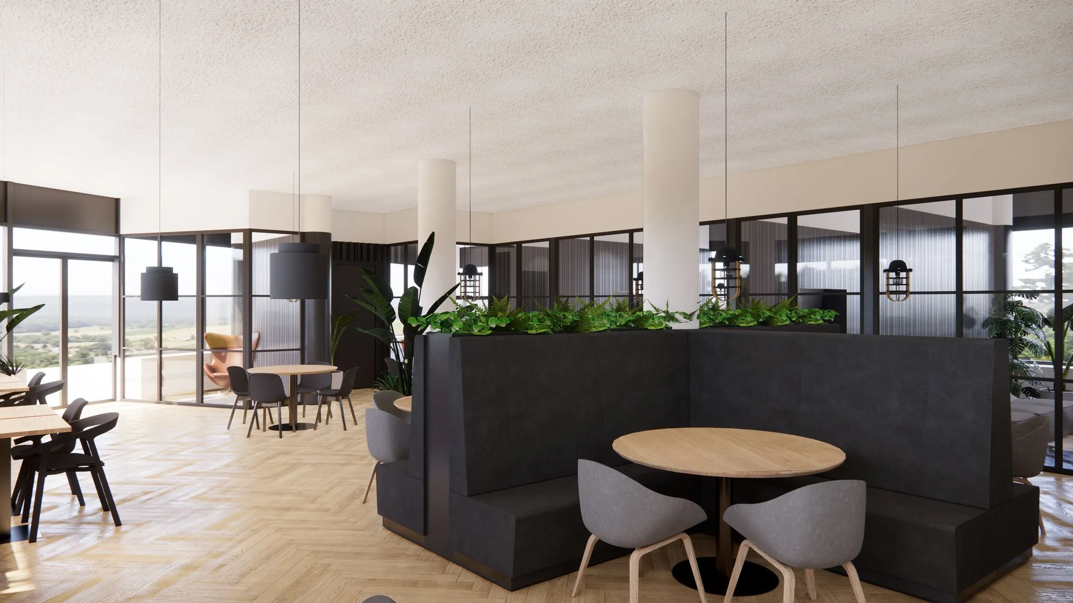 Moderne kantoorlounge 5231 DD5 met houten vloer, zwarte zitbanken, ronde tafels en veel natuurlijke lichtinval.