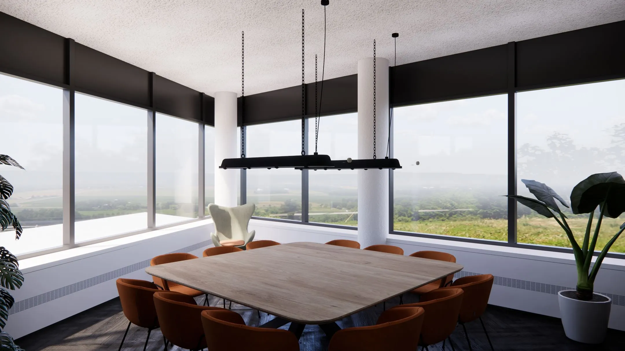 Moderne vergaderruimte in 5231 DD6 met grote ramen, een houten tafel en oranje stoelen met uitzicht op het landschap.