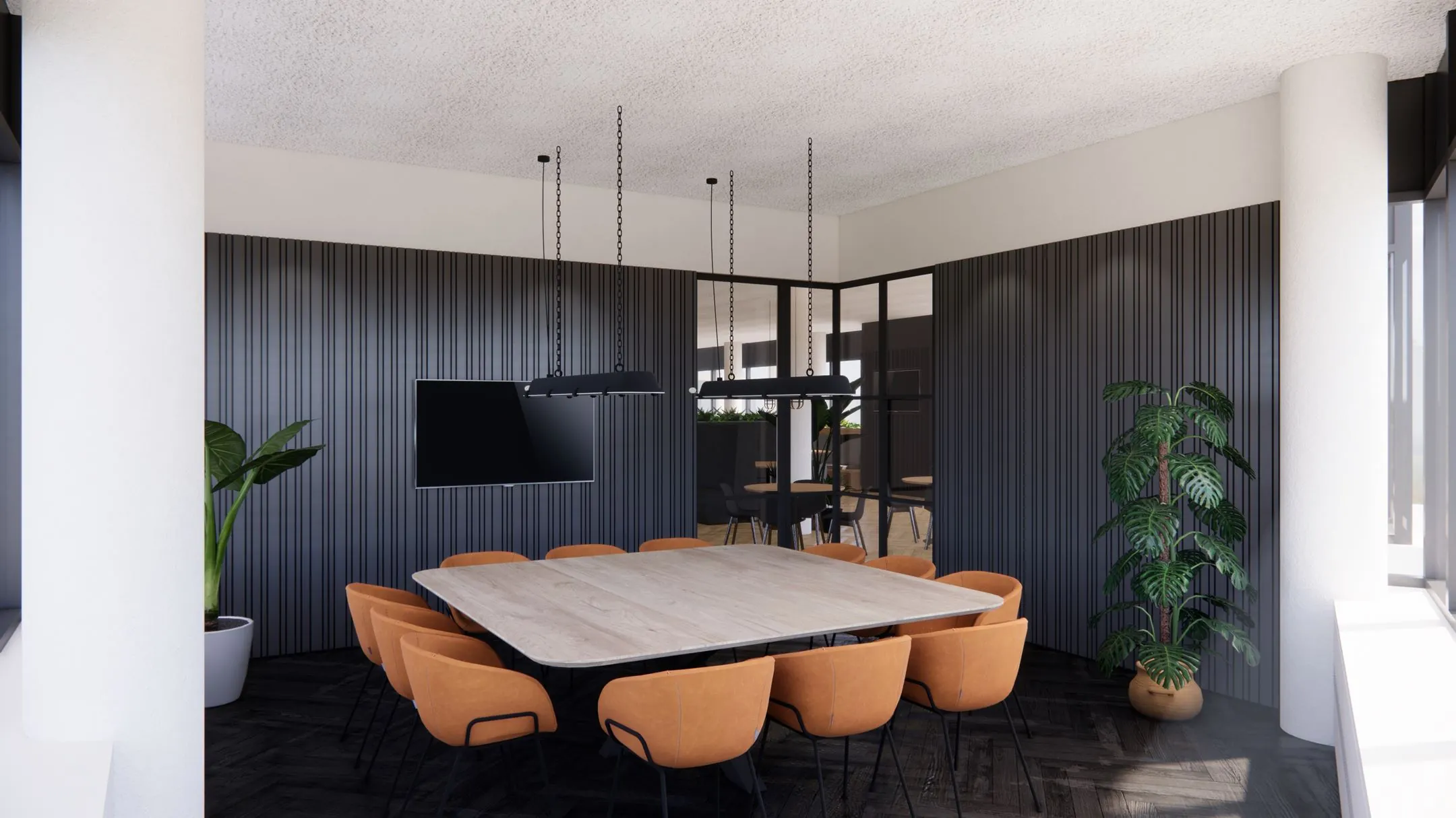 Moderne vergaderruimte met een grote houten tafel, oranje stoelen, zwartgelijnde wanden en hanglampen, in kantoorgebouw 5231 DD7.