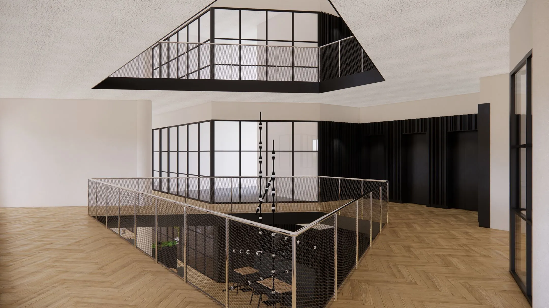 Modern interieur van kantoorruimte 5231 DD8 met open vide, glazen wanden en houten visgraatvloer.