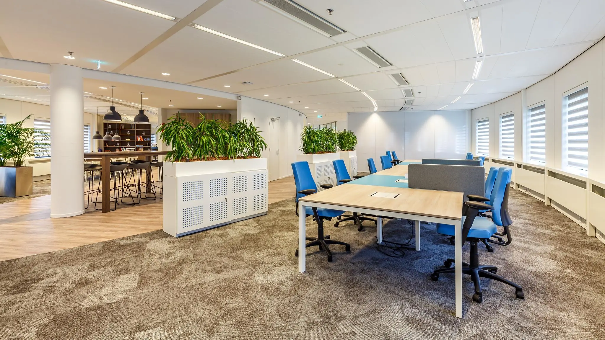 Modern kantoorinterieur aan de Euclideslaan met open werkplekken, blauw meubilair en groene planten.