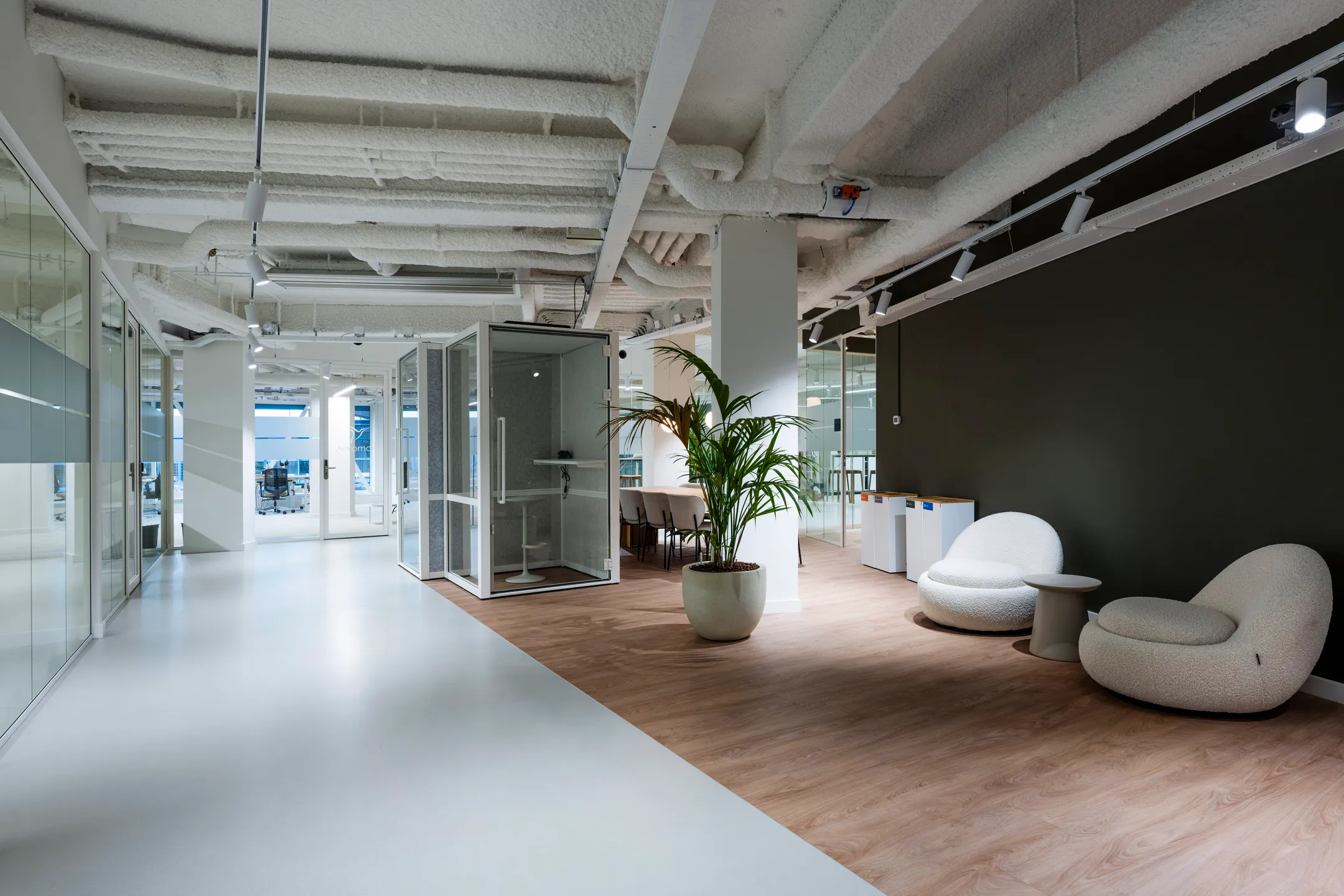 Een modern kantoorinterieur met een glazen spreekkamer, kamerplant, en comfortabele stoelen.