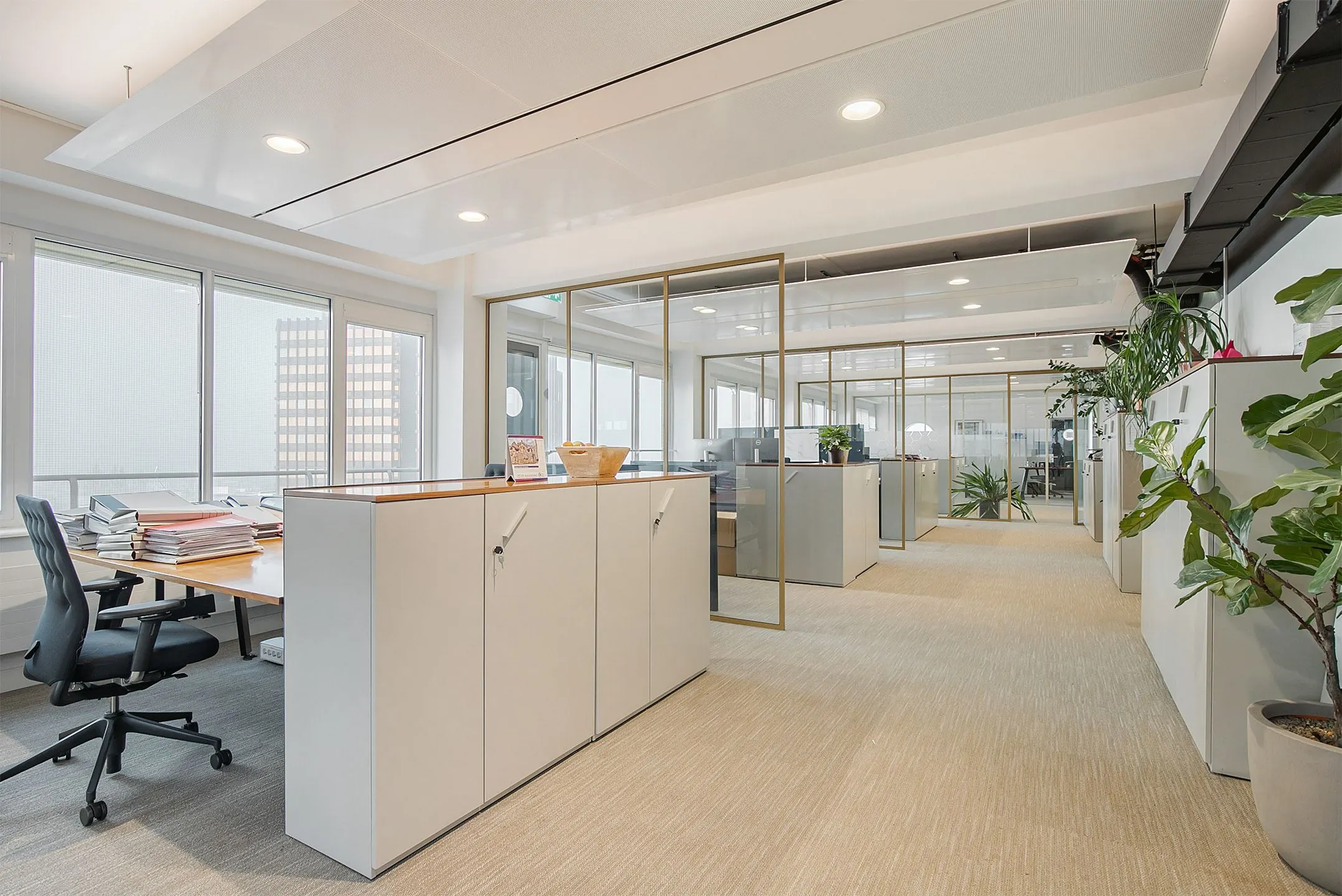 Moderne en lichte kantooruimte met glazen vergaderruimtes, planten en werkplekken.
