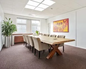 Vergaderruimte met een lange houten tafel, beige stoelen, een grote kamerplant en een kleurrijk schilderij aan de muur.
