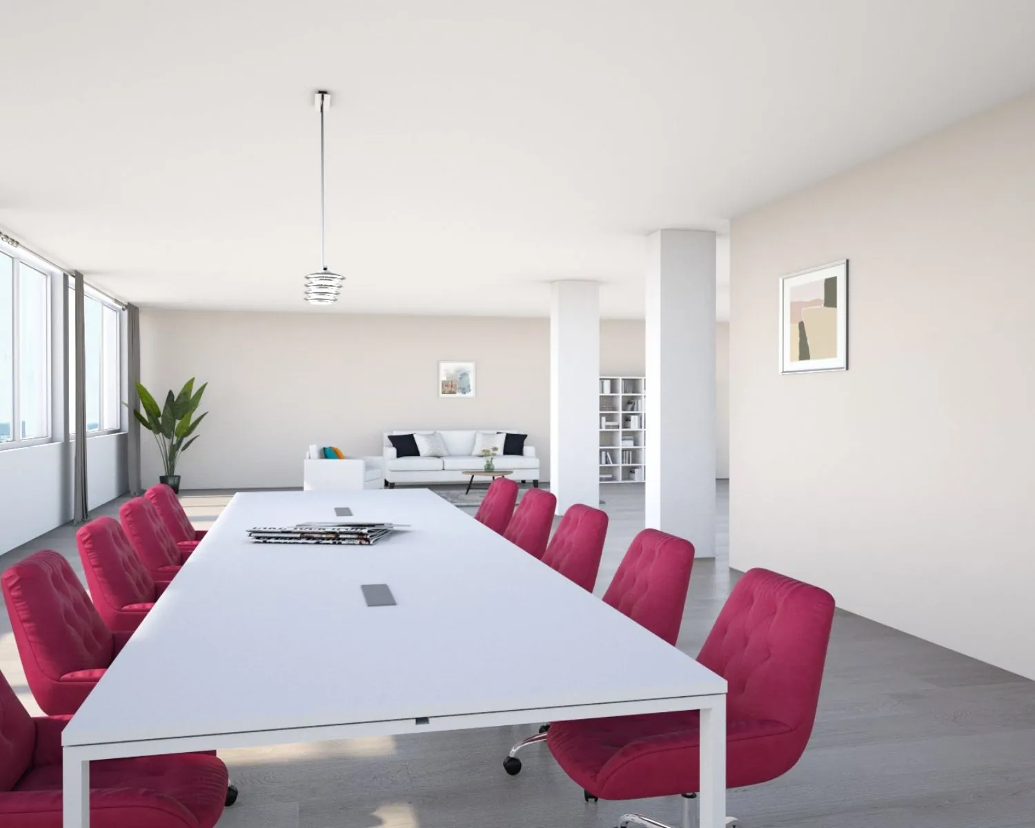 Moderne kantoorruimte aan de Bolderweg 1 in Almere met vergadertafel, roze stoelen en een zithoek.