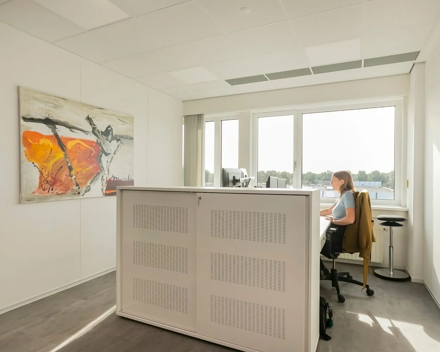 Moderne kantoorruimte aan de Bolderweg 2a in Almere met een groot raam, kunst aan de muur en een werkplek met een persoon achter een bureau.