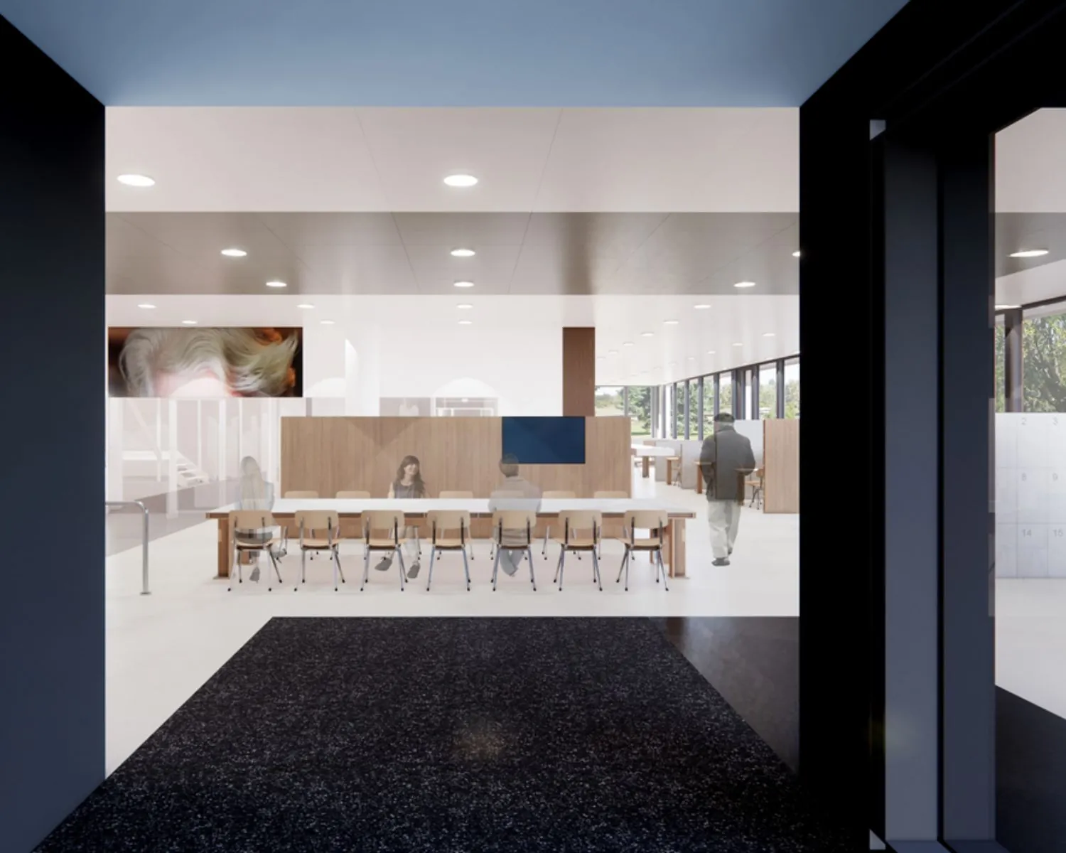 Moderne en lichte kantoorruimte aan de Prof. E.M. Meijerslaan 3 in Amstelveen met een lange vergadertafel en open werkplekken.