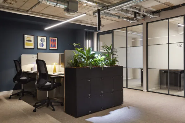 Moderne kantoorruimte aan de Koninginnegracht 10 in Den Haag met werkplekken, lockers met planten en vergaderruimtes.