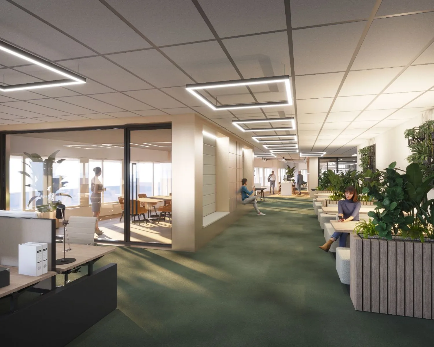 Moderne kantoorruimte aan de Herikerbergweg 288-290 in Amsterdam met glazen vergaderruimte, flexibele werkplekken en veel groenvoorziening.