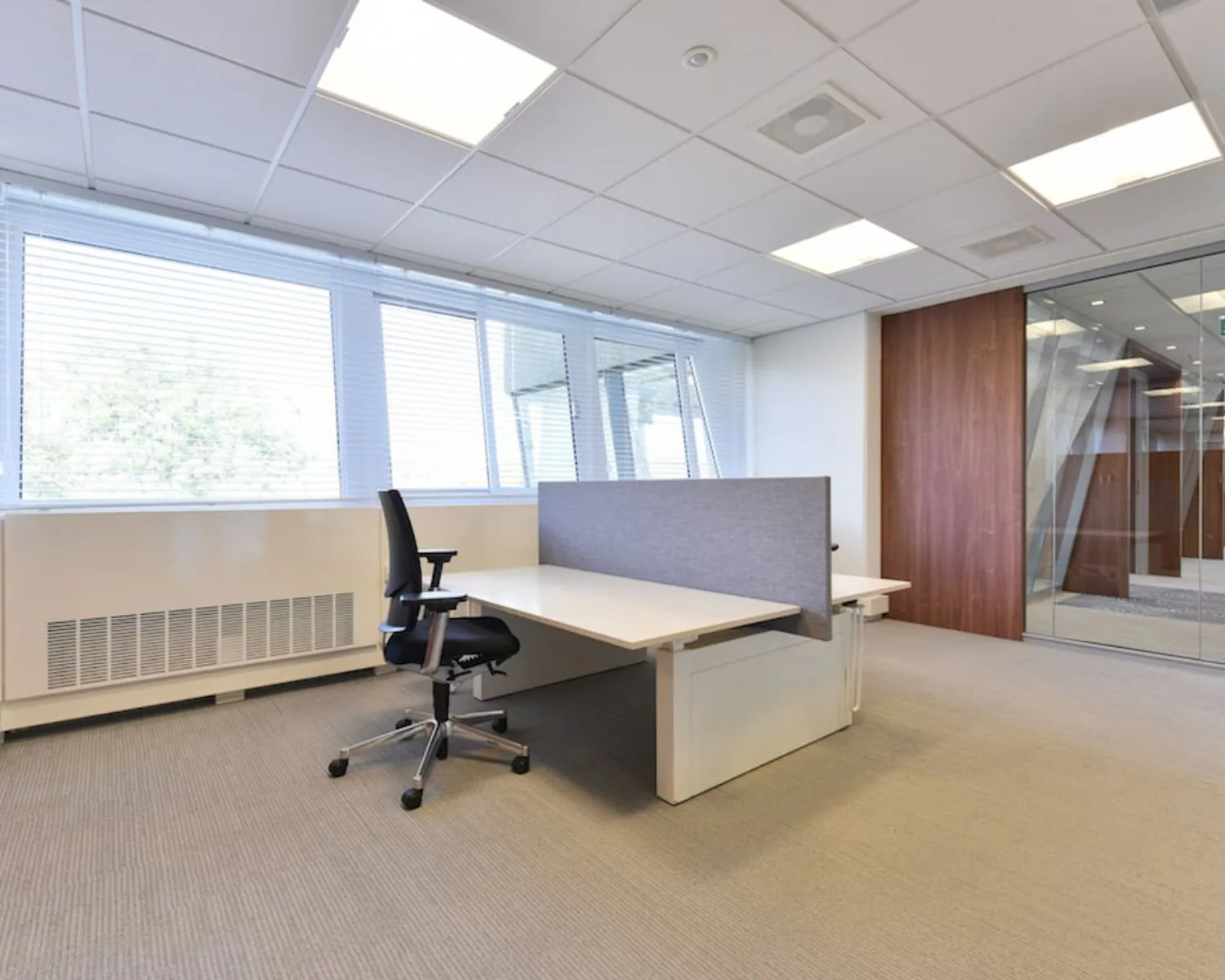 Moderne, lichte kantoorruimte met werkplekken en glazen wanden aan de Treubstraat 1 in Rijswijk.