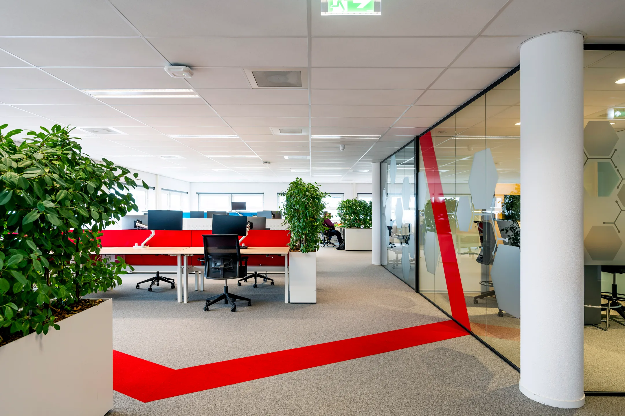 Moderne kantoorruimte met open werkplekken, rode accenten en veel groen.