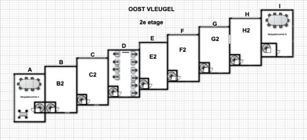 Plattegrond van de tweede etage van de oostvleugel aan de Arlandaweg, met vergaderruimtes en kantoorruimtes A t/m I.