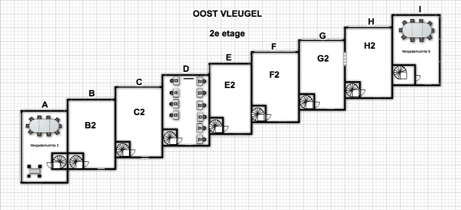 Plattegrond van de tweede etage van de oostvleugel aan de Arlandaweg, met vergaderruimtes en kantoorruimtes A t/m I.