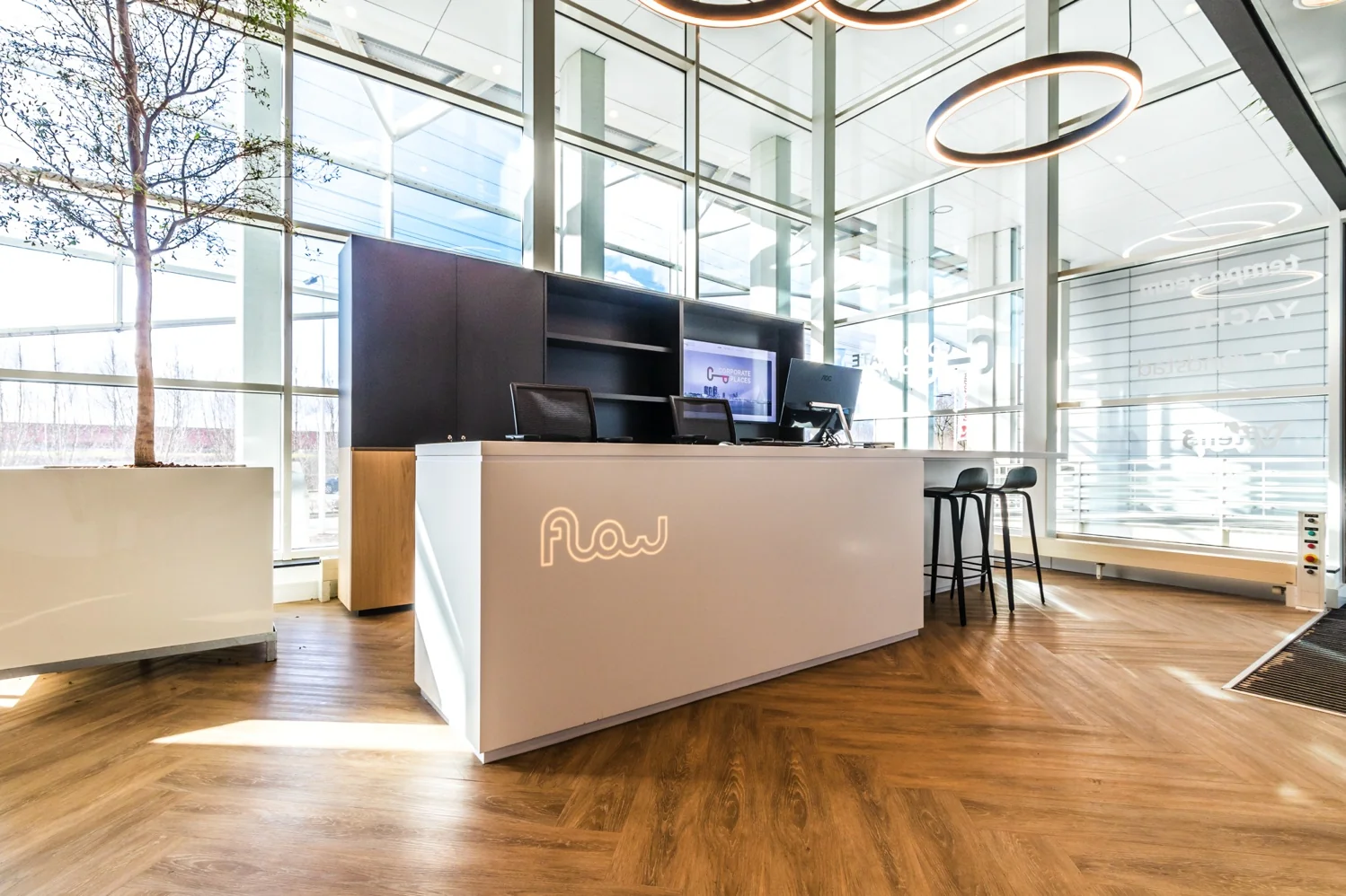 Moderne receptiebalie van Flow aan de Reactorweg met strakke vormgeving, houten vloer en veel natuurlijk licht.