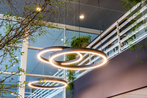 Moderne hanglampen in ringvorm verlichten een groen ingerichte kantoorruimte aan de Reactorweg.