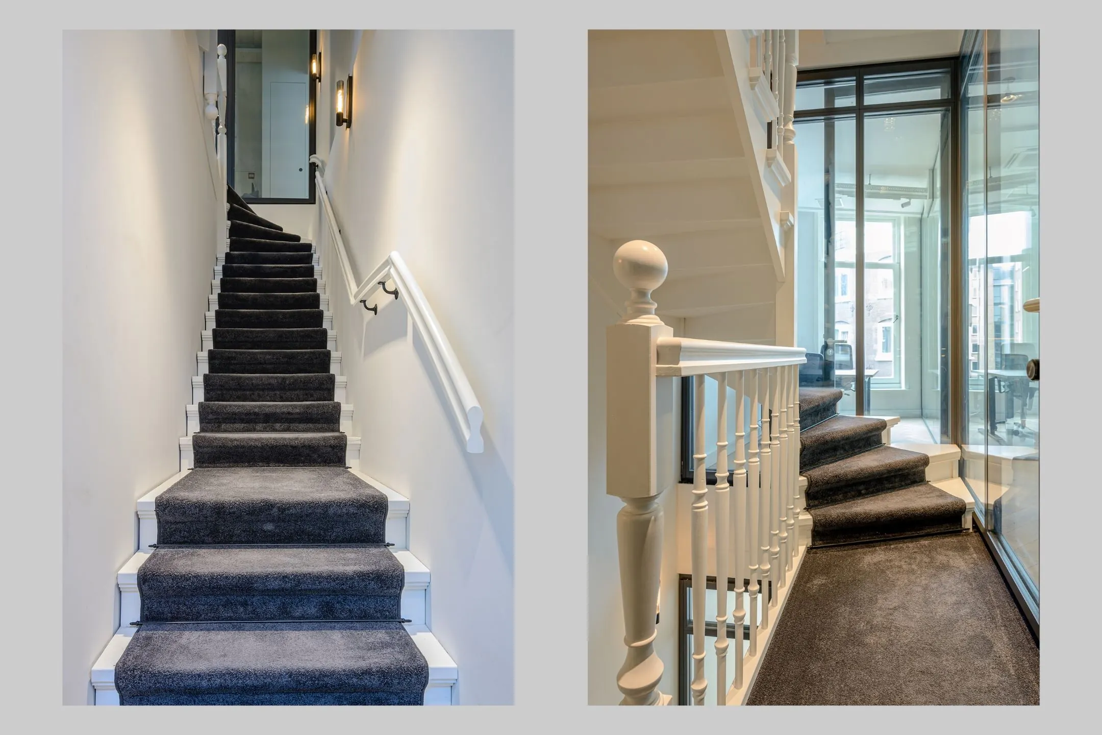 Twee foto's van een gestoffeerde trap met witte leuningen in een modern en licht trappenhuis.