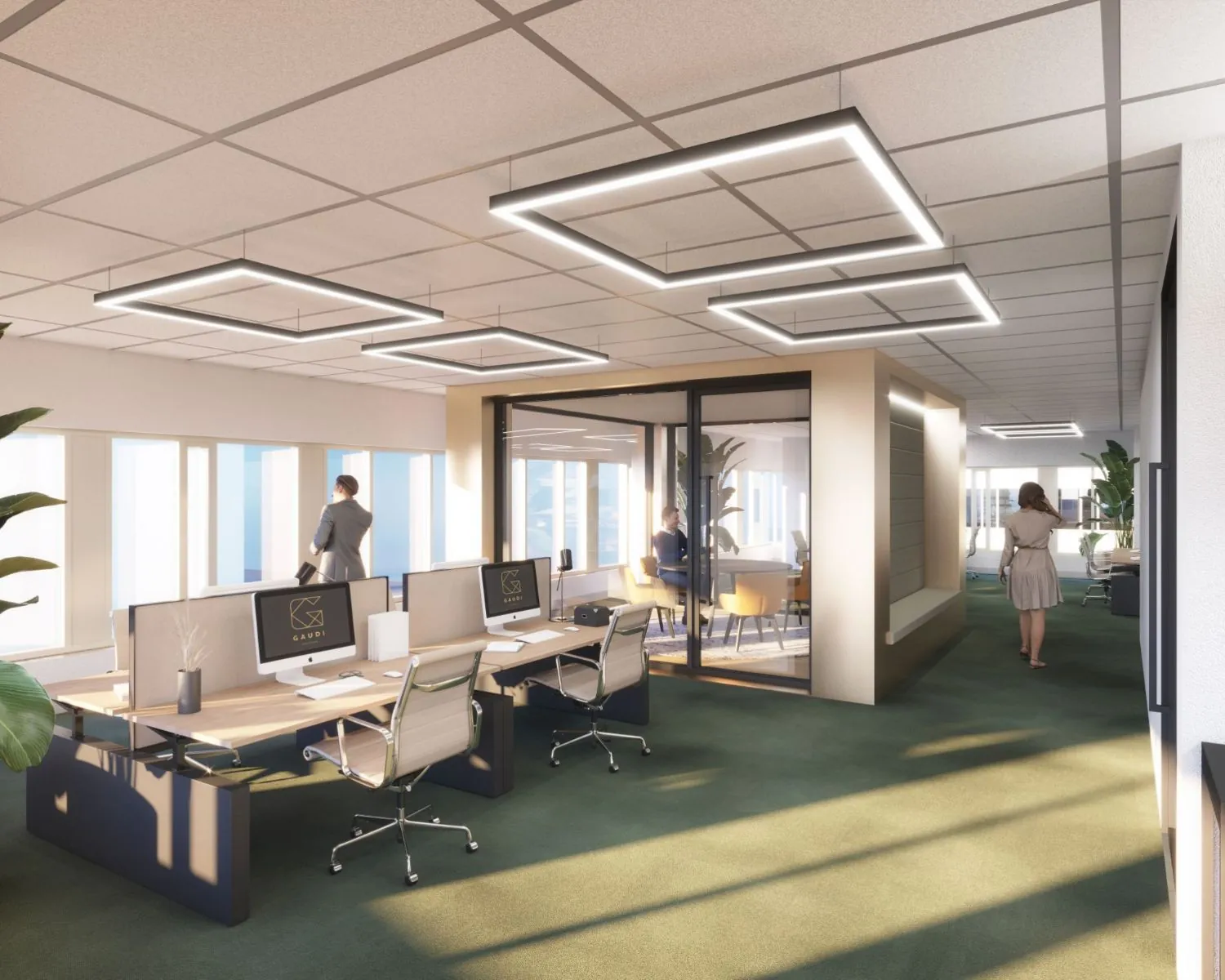 Moderne kantoorruimte met werkplekken, vergaderruimte en grote ramen aan de Herikerbergweg 288-290 in Amsterdam.