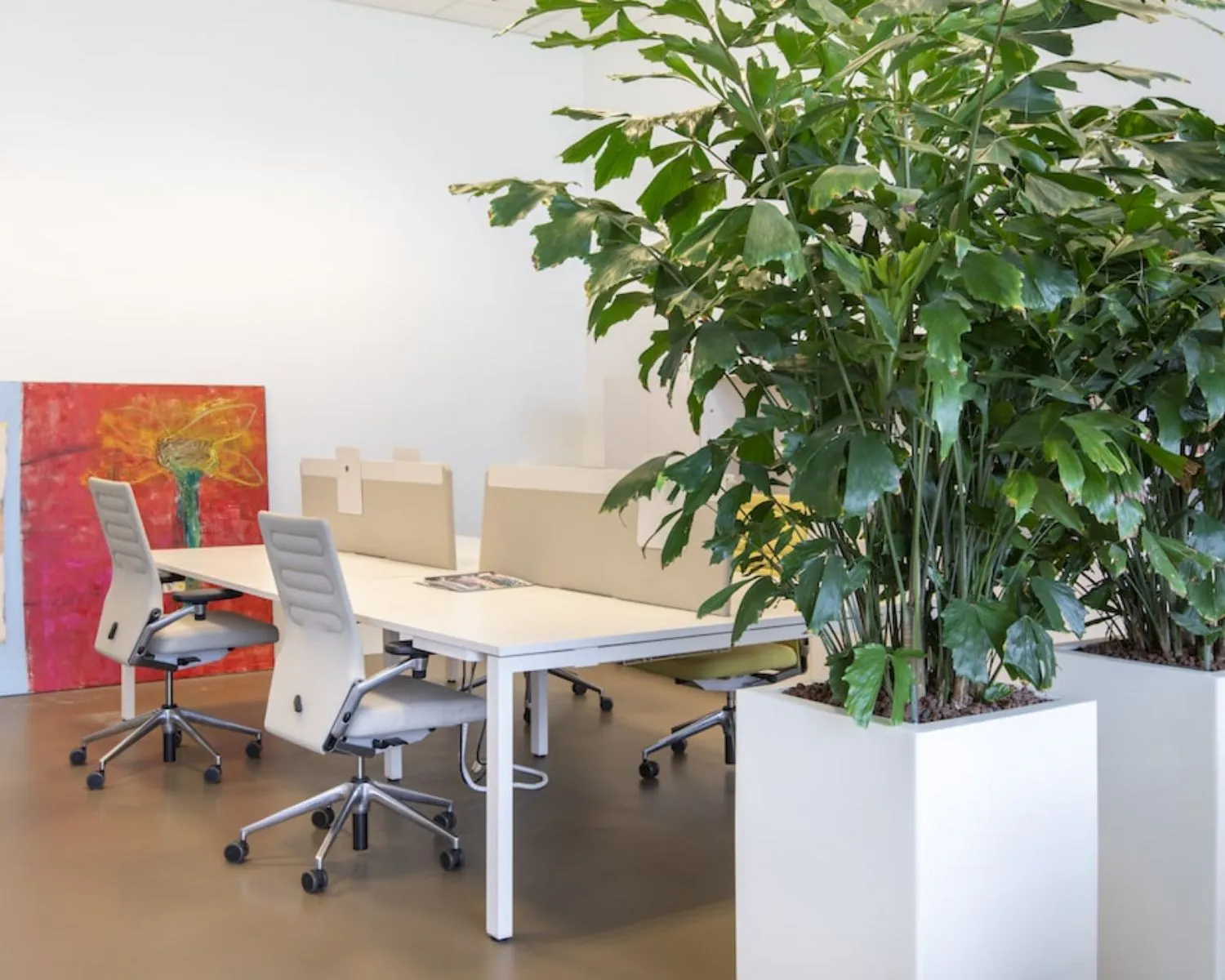 Moderne kantoorruimte aan de Panamalaan 104 in Amsterdam met werkplekken, grote kamerplanten en kleurrijke kunst aan de muur.